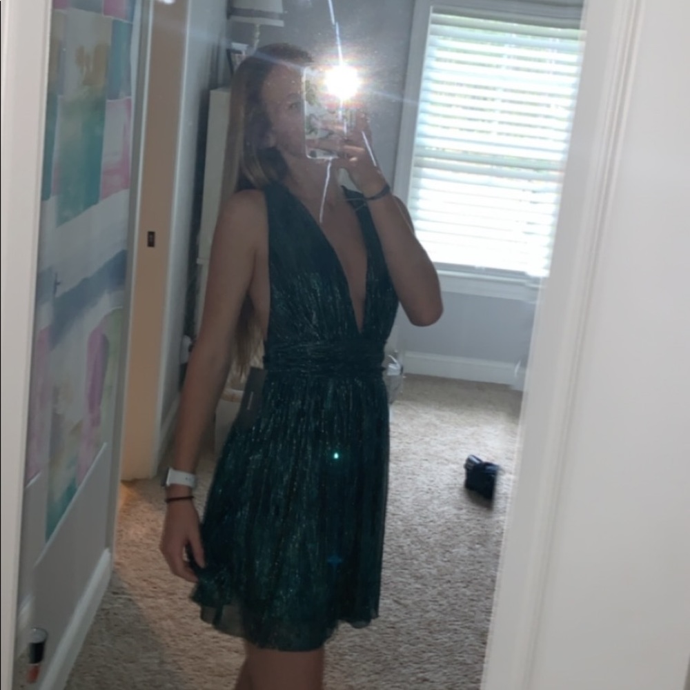 V Cut Tinsel Green Party Dress